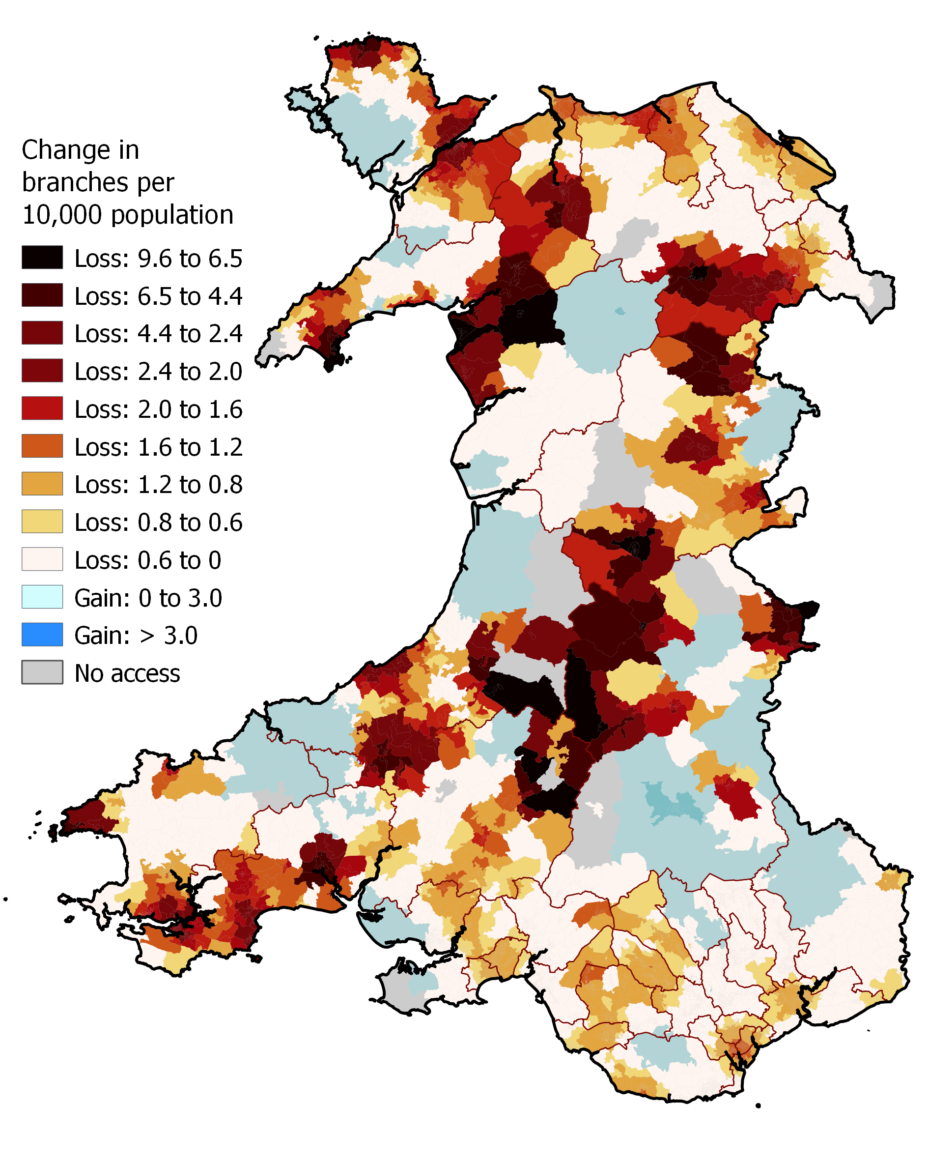 One map showing changes in accessibility to bank branches between 2008 and 2018 by using the enhanced two-step floating catchment area methodology. This can map accessibility to services at a more granular level than traditional methods.