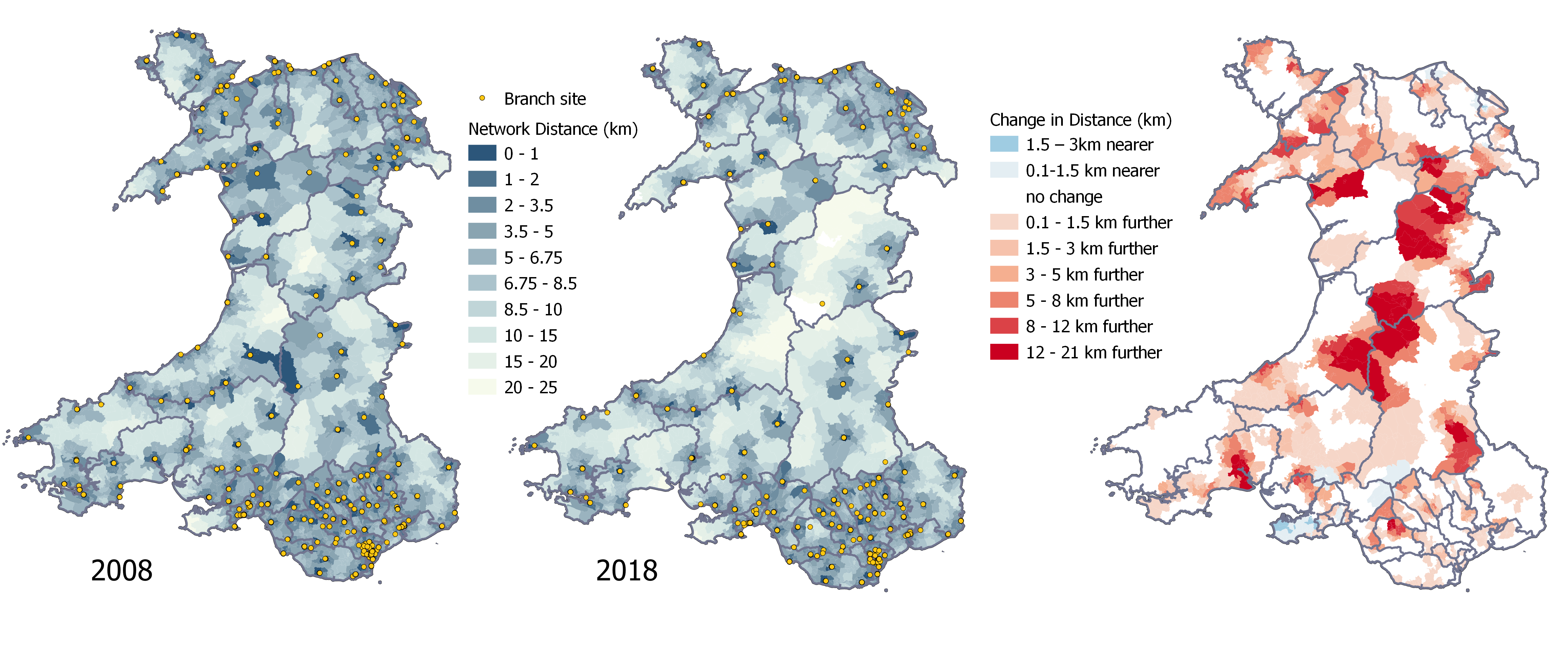 Three maps. First map shows the travel distance to nearest bank branch in 2008, second map shows the travel distance to nearest bank branch in 2018 and the third map shows the difference between travel distances in 2008 and 2018