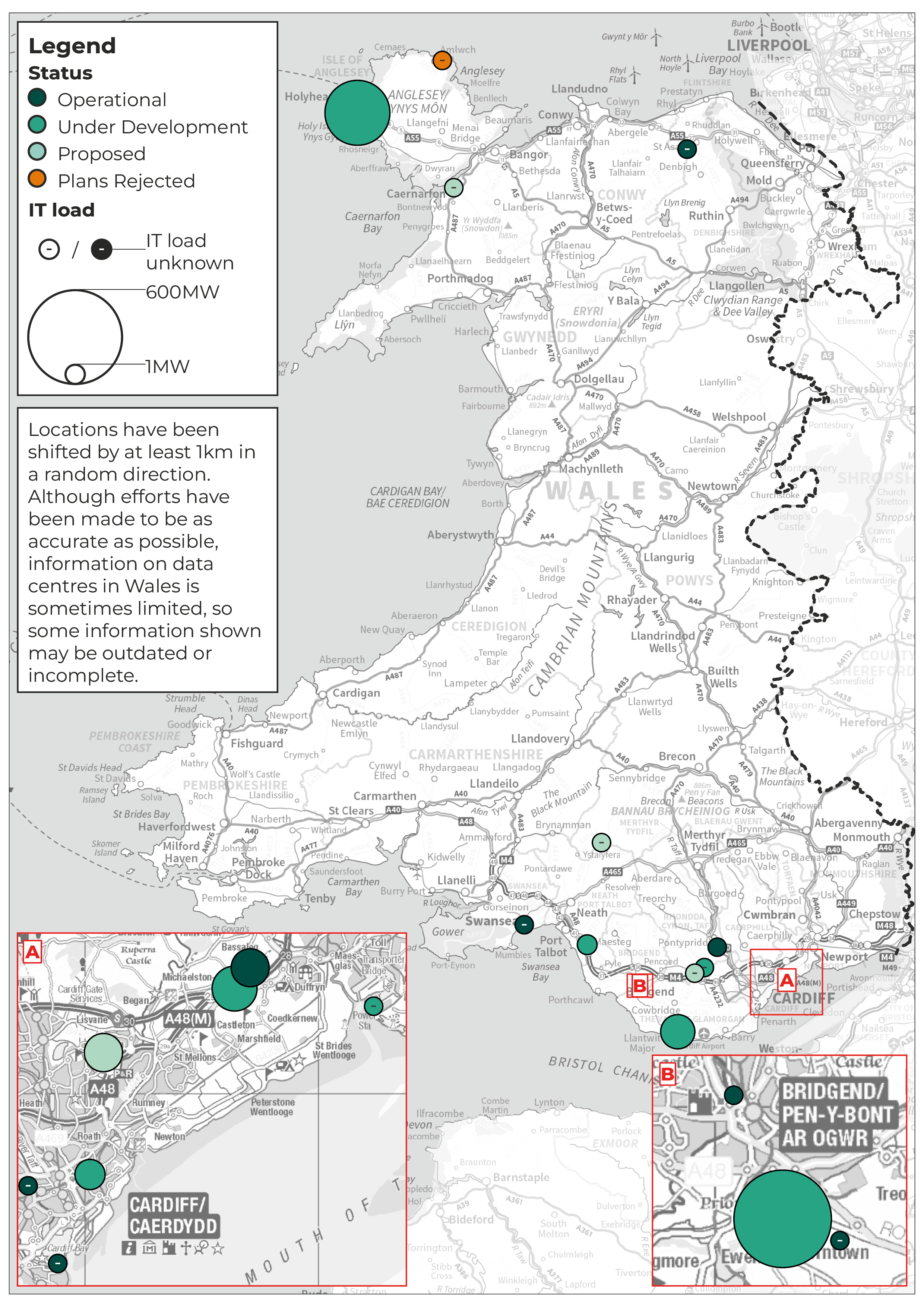 2. Image showing a map of planned and operational data centres in Wales with each site scaled by its capacity. Where capacity is unknown, a scale of 1 is used. Most data centre sites are located in South Wales, largely between Bridgend and Newport. There are also some sites in North Wales.