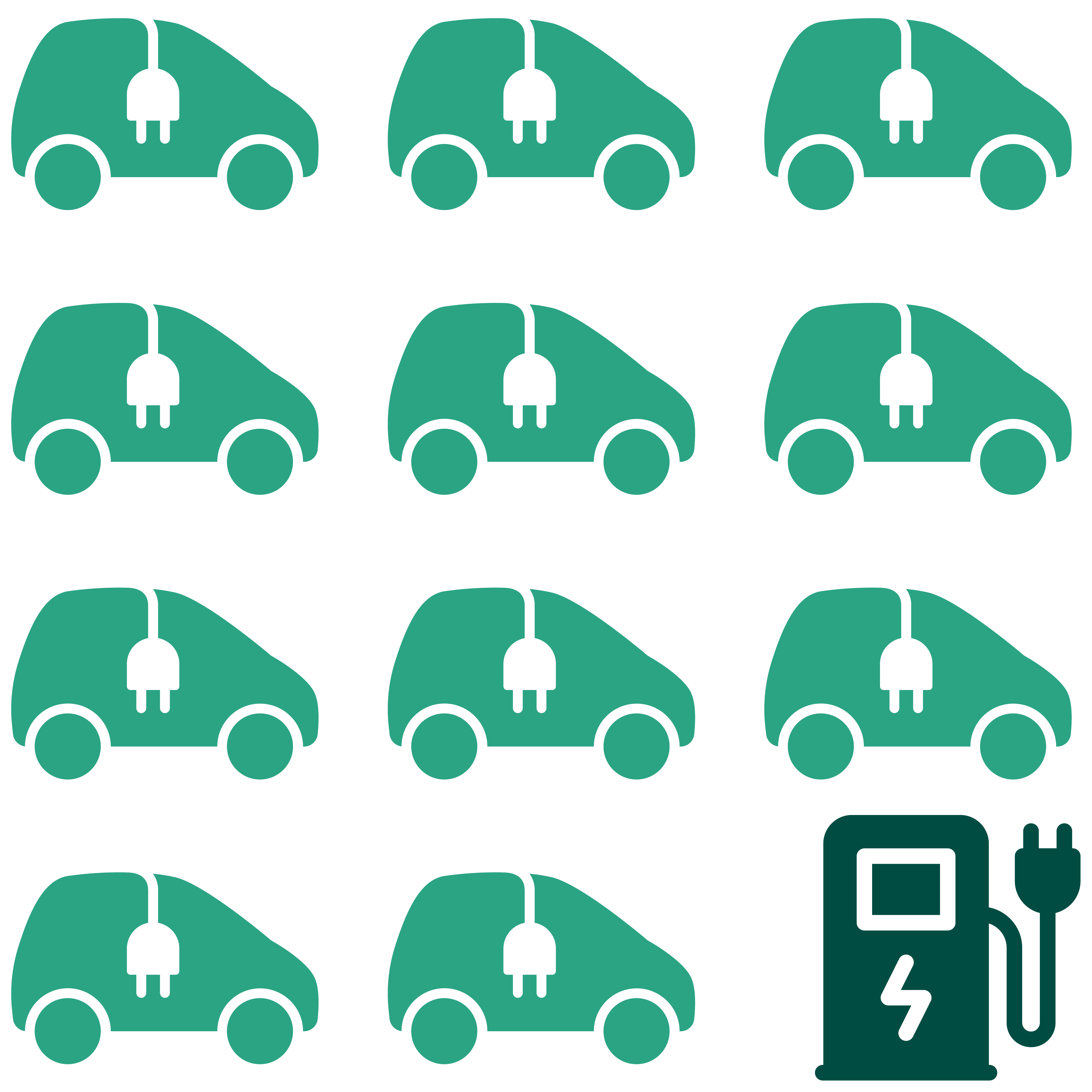 Icons of 11 electric vehicles and one charging point