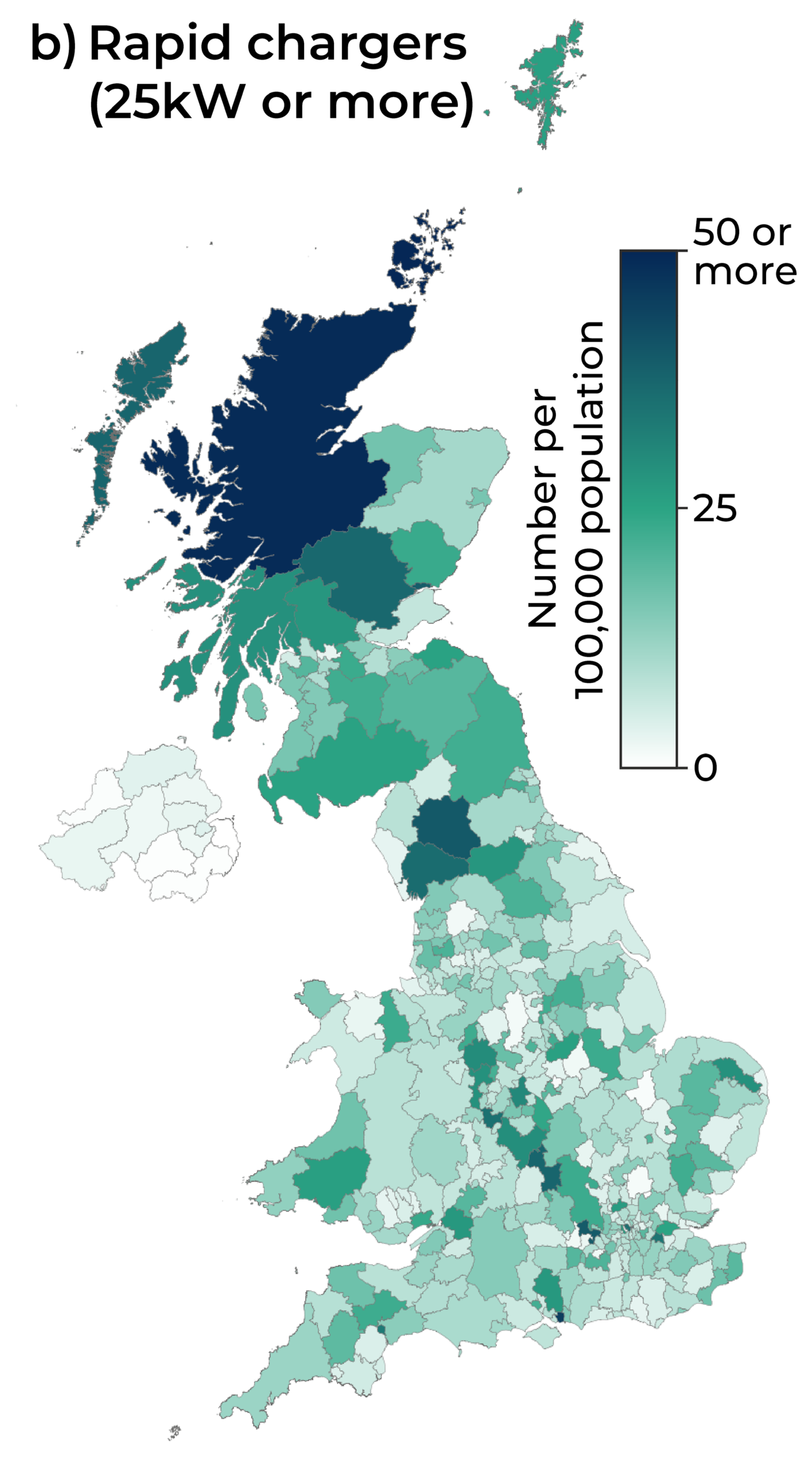 Map showing the number rapid chargers (25 kW or more) per 100,000 population across local authorities in the UK. Wales has a lower density of rapid chargers than the rest of Great Britain.