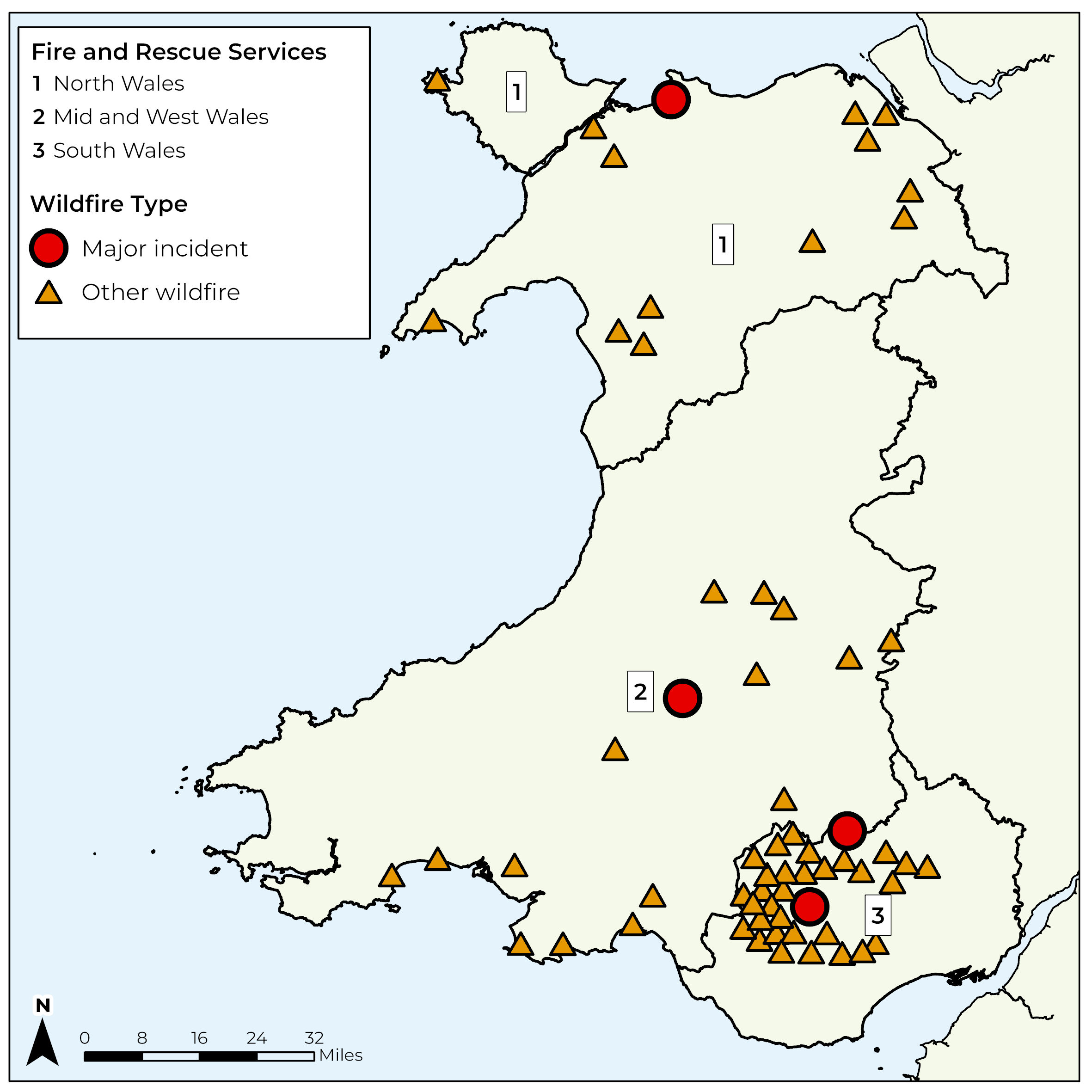 A map of Wales showing where wildfires have been recorded during 2026. Four major incidents and tens of other wildfires are shown. There was a particularly high density of wildfires in the south Wales valleys.