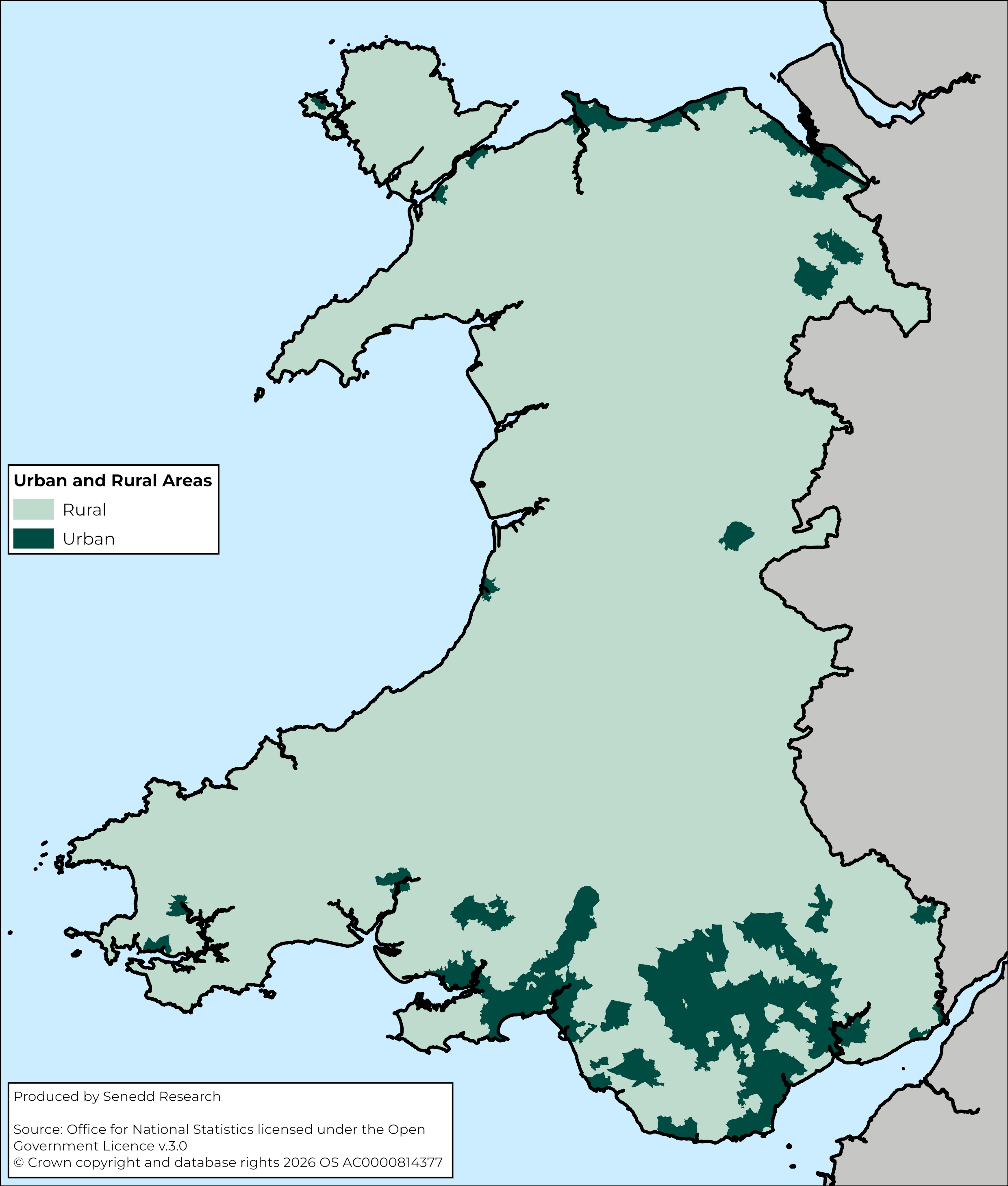 A map of Wales showing urban vs rural areas and types of land use including woodland, designated landscapes (National Parks and National Landscapes) and protected sites for nature.  