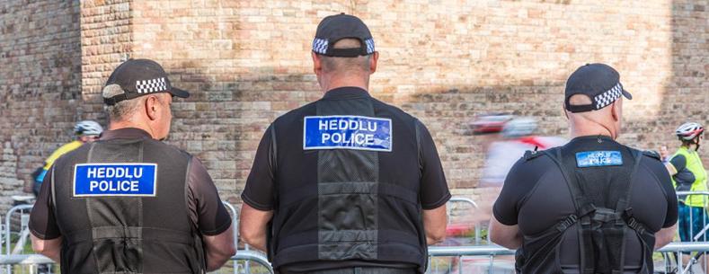 Three police officers standing with their backs to the camera