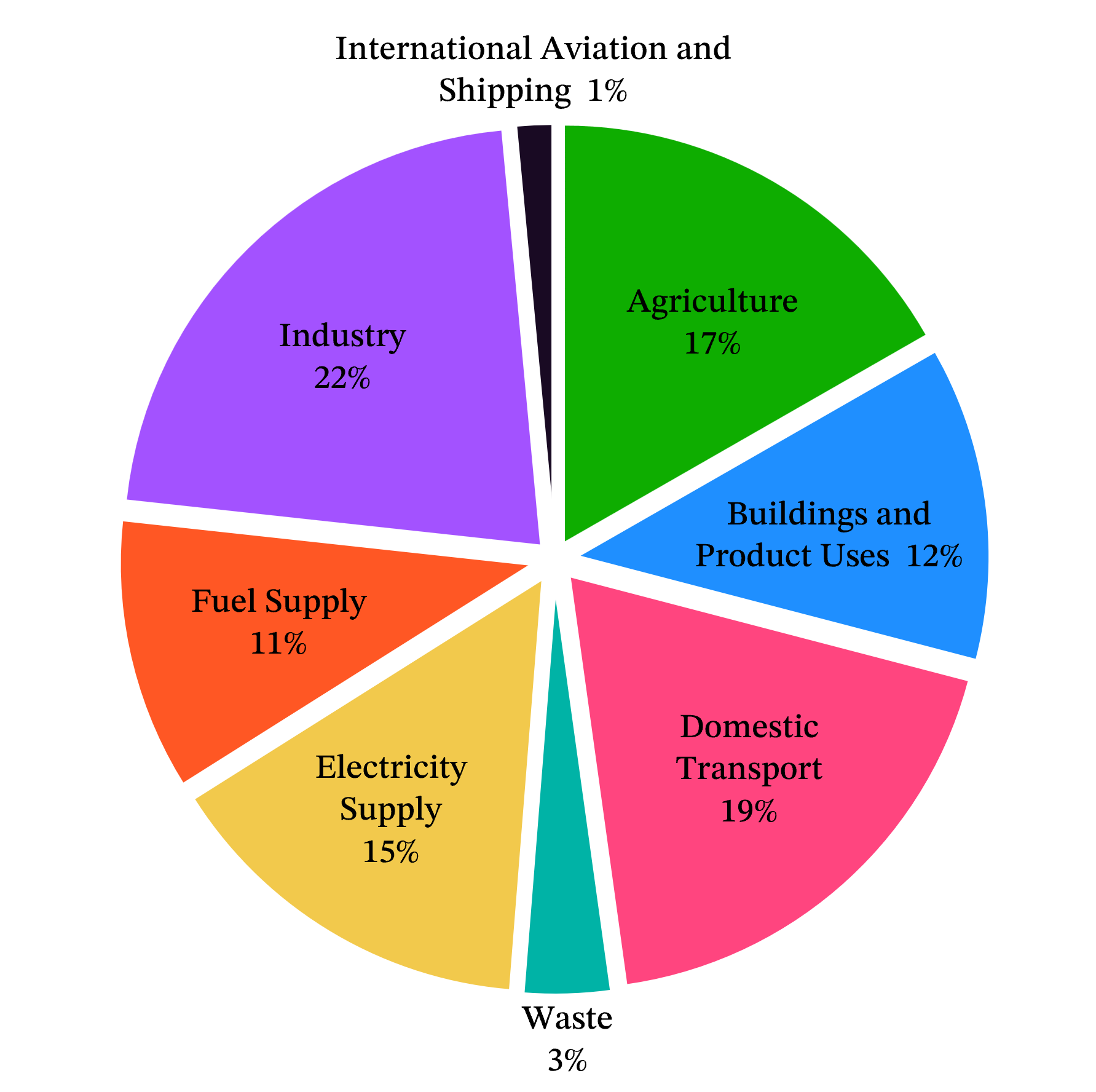 A pie chart of Welsh emissions in 2024 by sector. Industry is the largest sector, at 22%. Agriculture, buildings, domestic transport, and electricity supply, and fuel supply are similarly sized at 11-19%. The smallest sectors are international aviation and shipping at 1%, and waste at 3%.