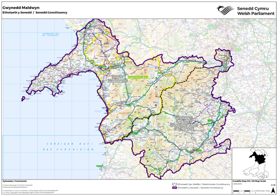 A map showing the new Senedd constituency of Gwynedd Maldwyn, a combination of the UK Parliament constituencies of Dwyfor Meirionnydd and Montgomeryshire and Glyndŵr.