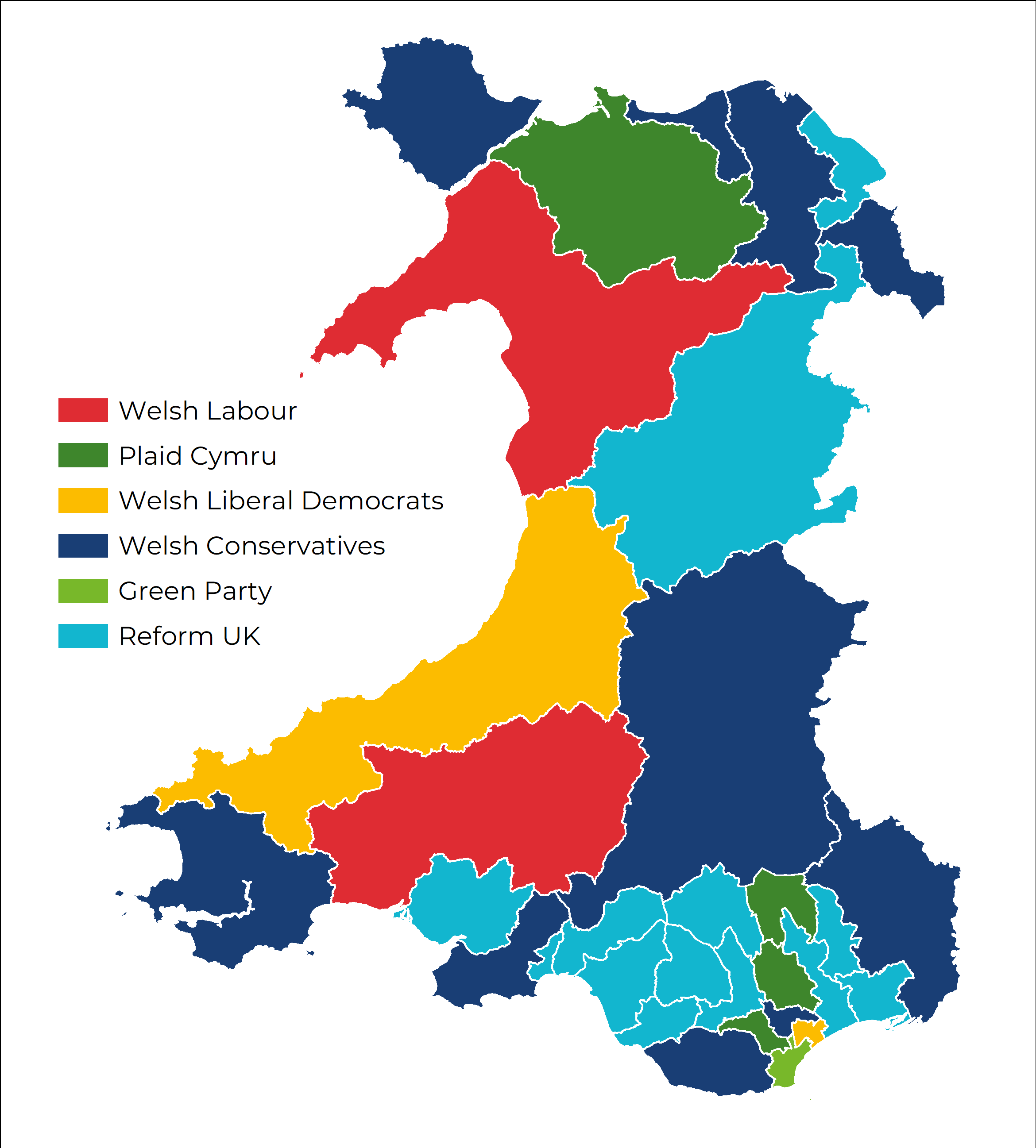 A constituency map of Wales, with constituencies coloured in with the colour of the party which finished second in that constituency. Much of the south Wales valleys are in light blue (Reform UK). 10 seats are coloured in Conservative blue.