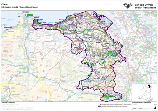 A map showing the new Senedd constituency of Clwyd, a combination of the UK Parliament constituencies of Clwyd East and Clwyd North.