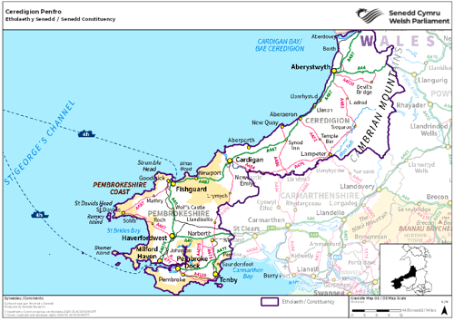 A map showing the Senedd constituency of Ceredigion Penfro.