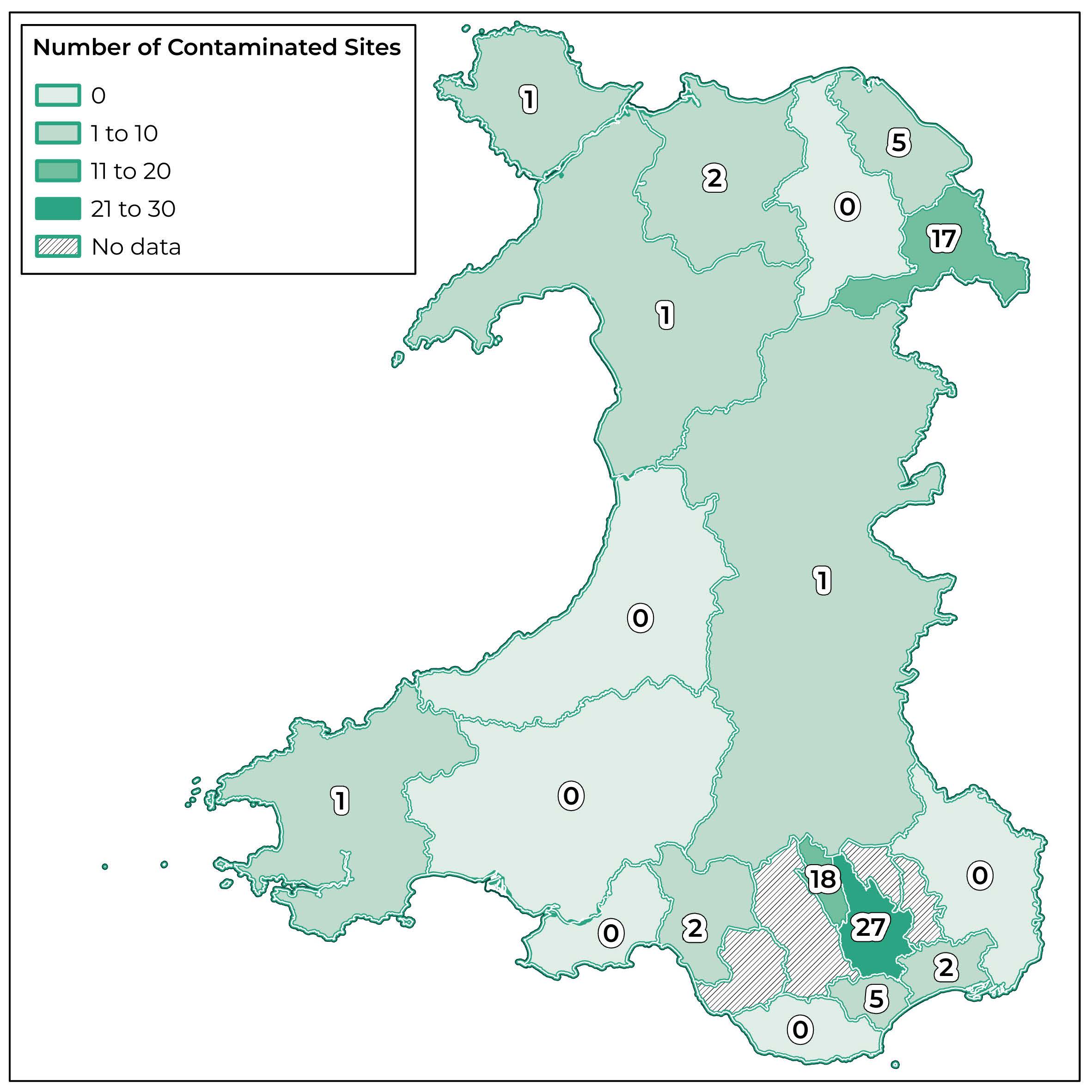 Map of Wales showing the number of registered contaminated land sites identified by each local authority in response to Freedom of Information requests. The map illustrates substantial variation between local authorities, highlighting the uneven distribution of contaminated sites across Wales. Source: Friends of the Earth Cymru freedom of information requests 