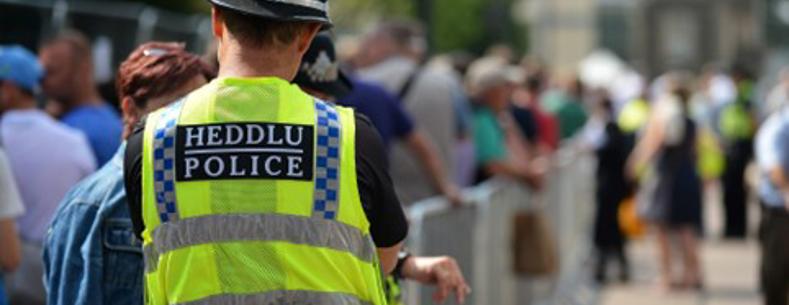 A uniformed police officer wearing a high-visibility yellow vest, standing outdoors, symbolising frontline policing and public visibility.