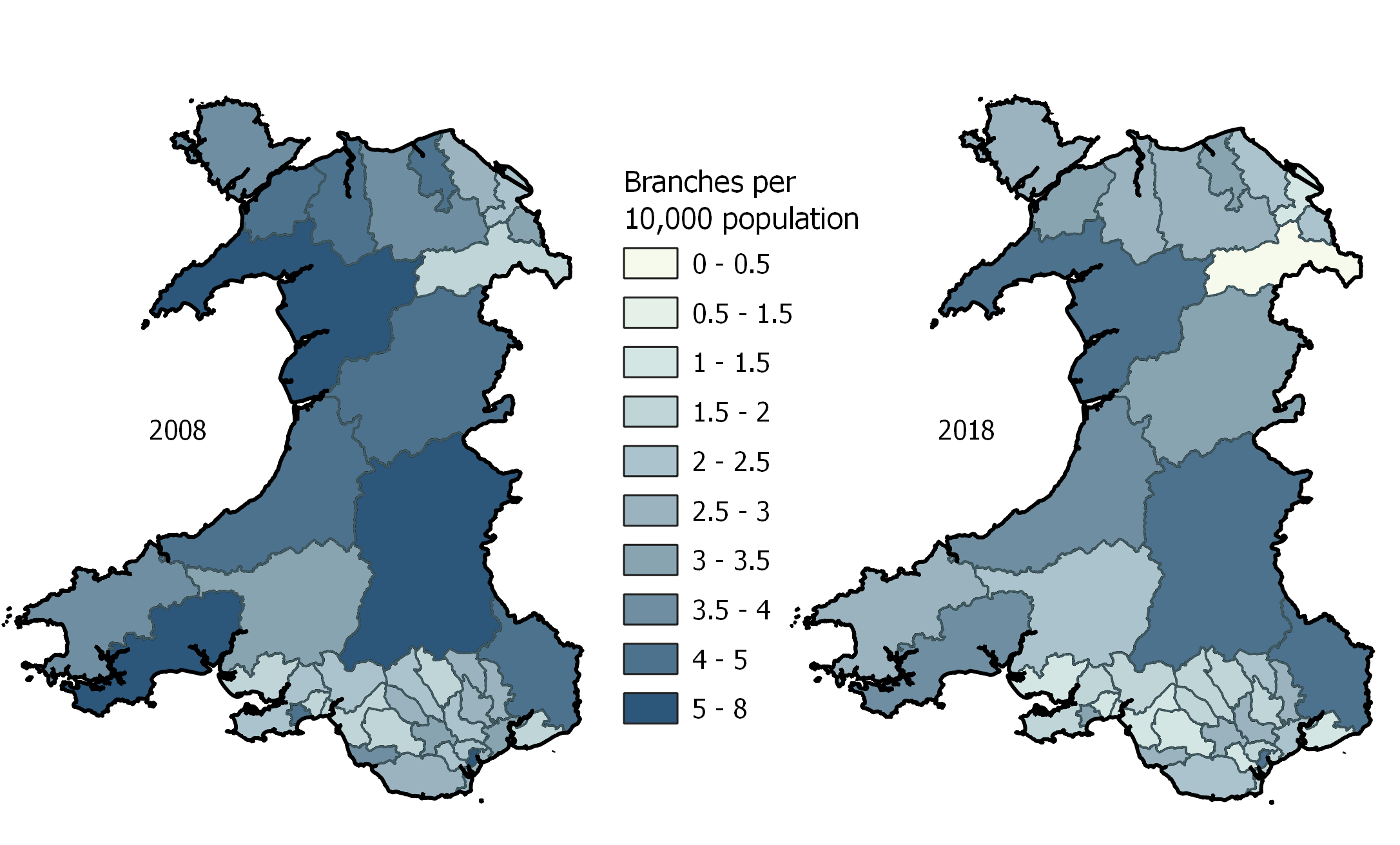 Two maps. The first map shows the number of bank branches per 10,000 population by constituency in 2008. The second map shows the number of bank branches per 10,000 population by constituency in 2018.