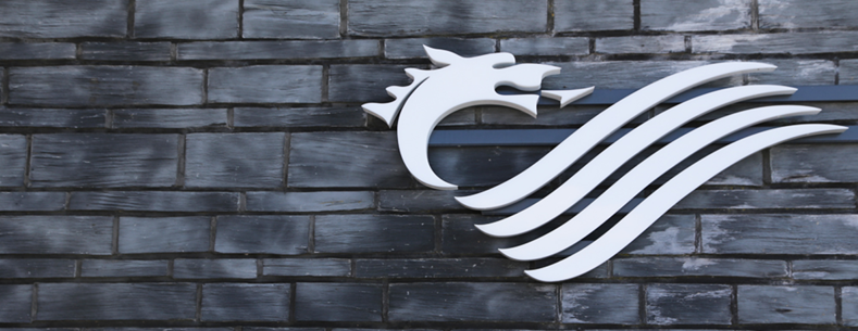 Logo on Senedd Building with slate wall