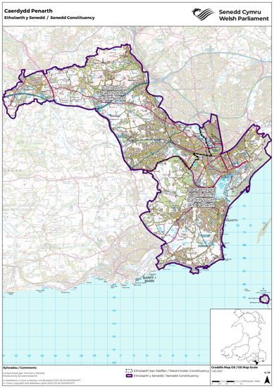 A map showing the new Senedd constituency of Caerdydd Penarth, a combination of the UK Parliament constituencies of Cardiff West and Cardiff South and Penarth.