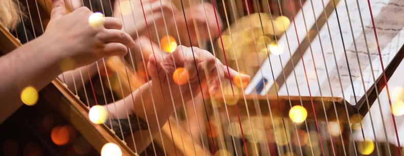 A close-up photo of someone playing a harp.
