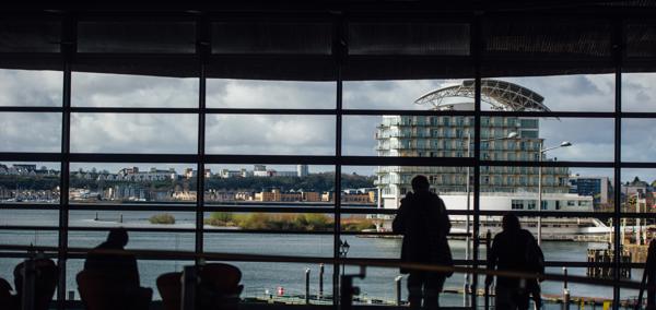 View from Senedd overlooking Cardiff Bay. 