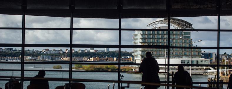 View from Senedd overlooking Cardiff Bay. 