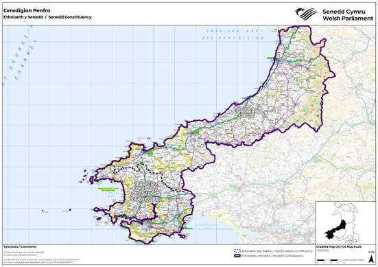 A map showing the new Senedd constituency of Ceredigion Penfro, a combination of the UK Parliament constituencies of Ceredigion Preseli and Mid and South Pembrokeshire.