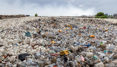 Main image: A landscape photograph of plastic items discarded in landfill.