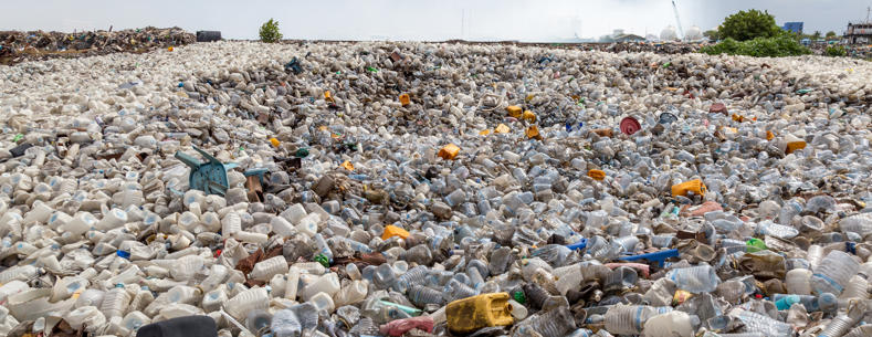 Main image: A landscape photograph of plastic items discarded in landfill.