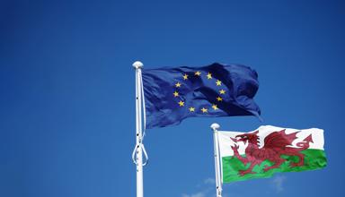 The article’s main image is of Welsh and EU flags against a blue sky.