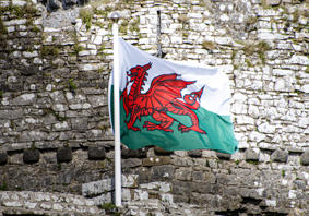 The cover image is of a Welsh flag flying in front of a castle wall.