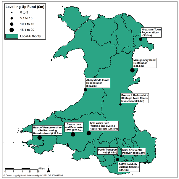 Figure 2: Map showing projects in Wales allocated funding in round 1 of the Levelling Up Fund