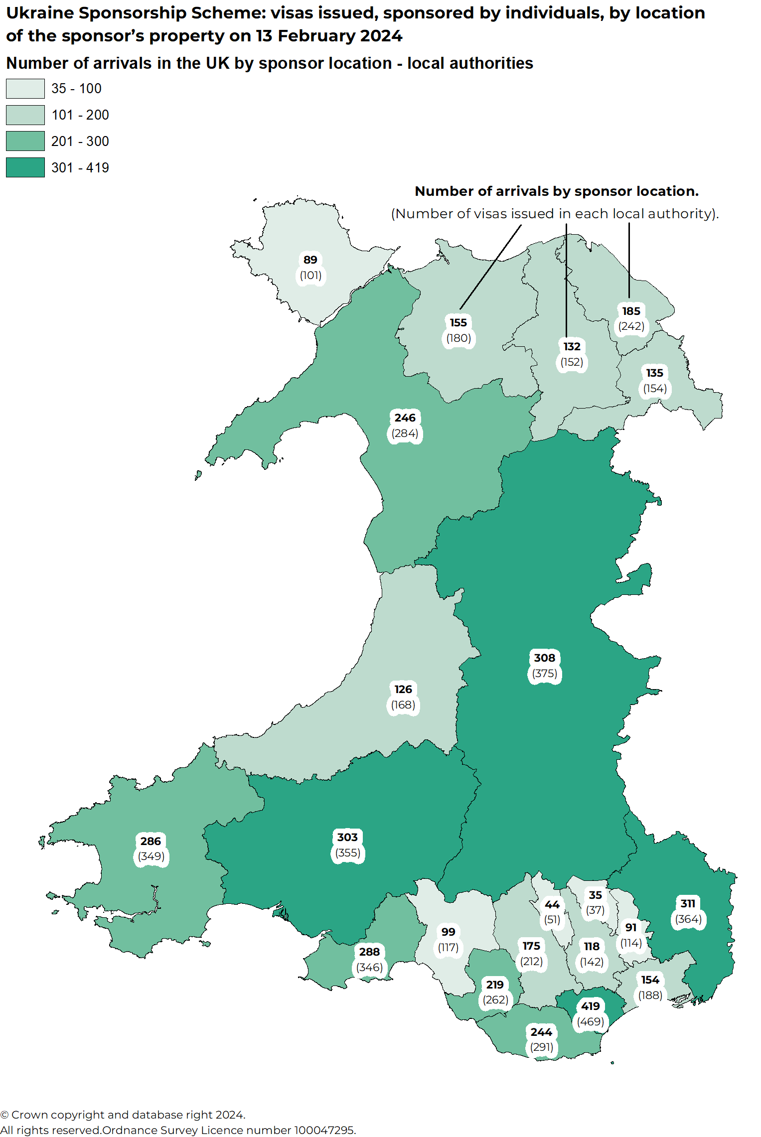 Image shows a map of Wales and the numbers of visas issued and sponsored by individuals in each local authority. Cardiff had the most (419), while Blaenau Gwent had the fewest (35).