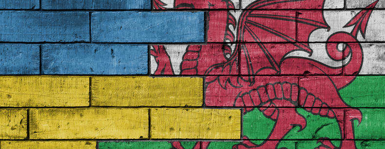 wooden blocks painted in the Welsh and Ukrainian flags meeting in the middle 