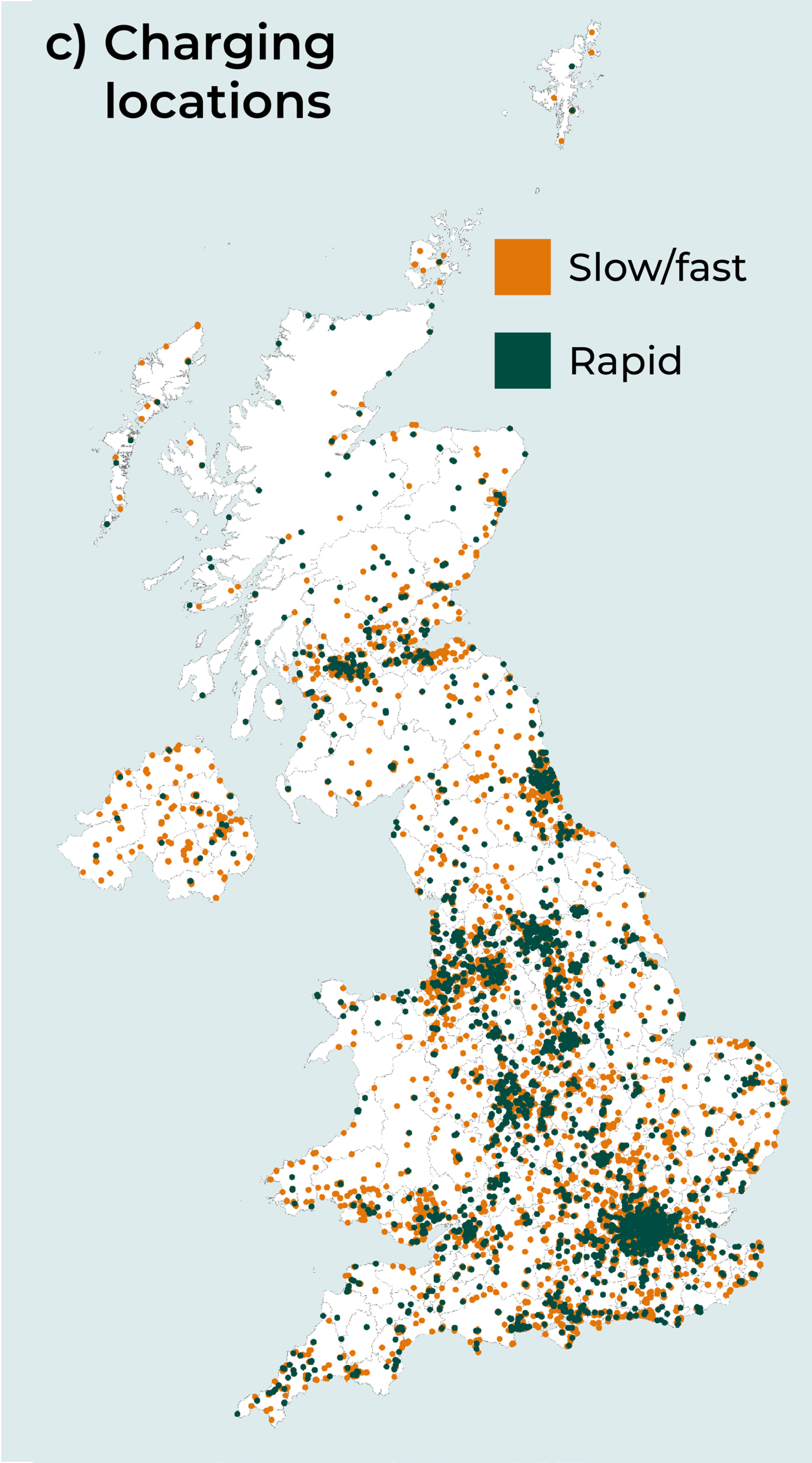 A map with locations of charging points across the UK plotted on it. Rapid chargers are shown in green and slower chargers in yellow. There are more electric chargers in south Wales.