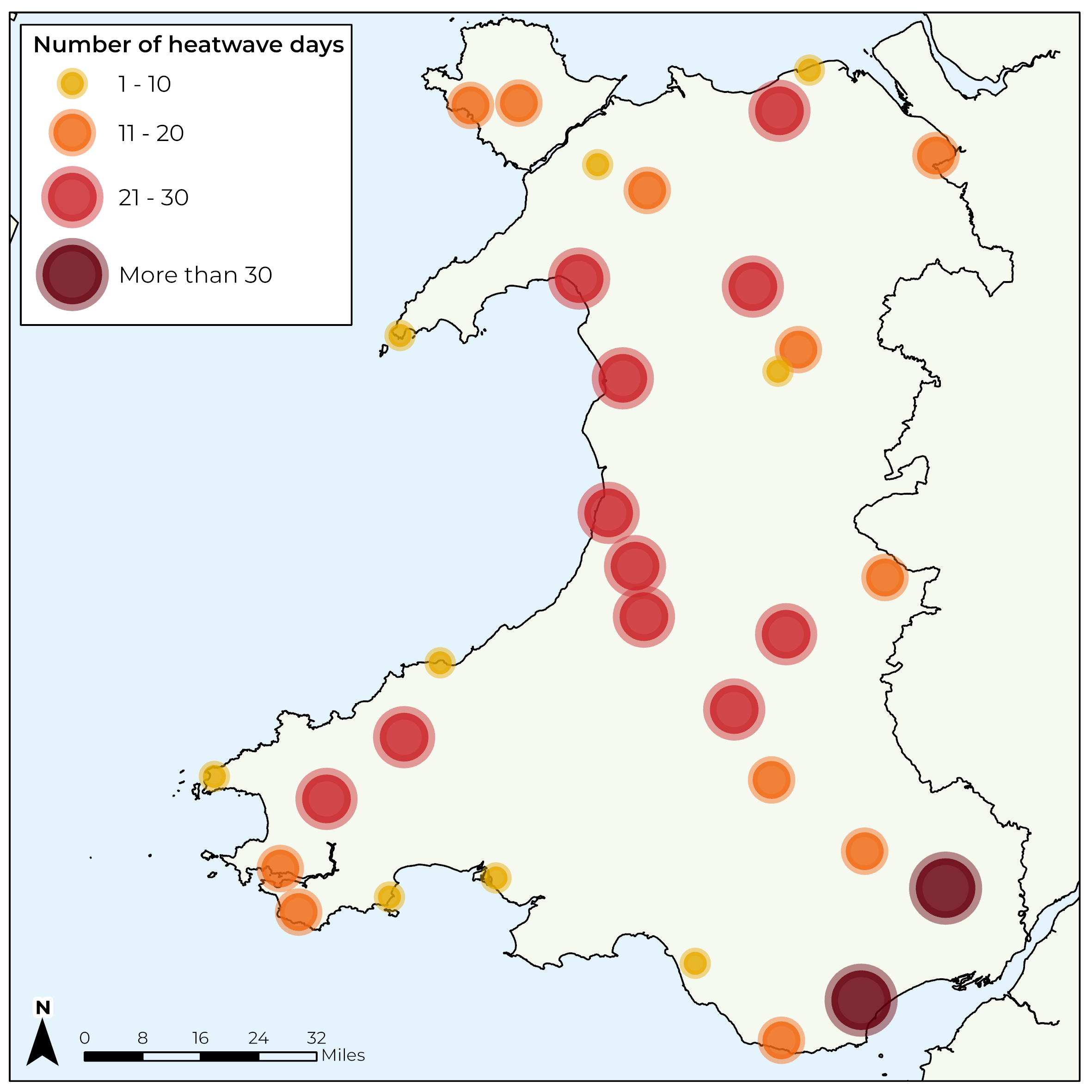 A map of Wales showing the number of heatwave days recorded at weather stations during 2026, up to the end of August. Most stations have recorded more than 10 days of heatwave, with lower values generally in upland areas and the coastal southwest and northwest. Two stations in the southeast recorded more than 30 heatwave days.