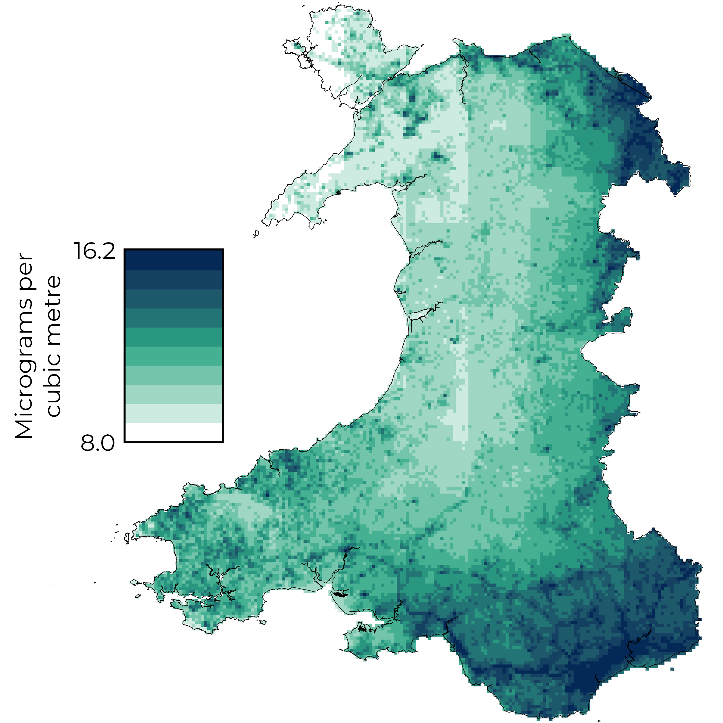 A map of Wales with colour scale showing the annual mean concentration of PM10 ranging from 8.0 to 16.2 micrograms per cubic metre. The lowest concentrations are in mid Wales and north-west Wales. The highest concentrations are in south-east Wales and north-east Wales. Higher concentrations are also visible in urban areas and along major roads, particularly the M4 corridor.