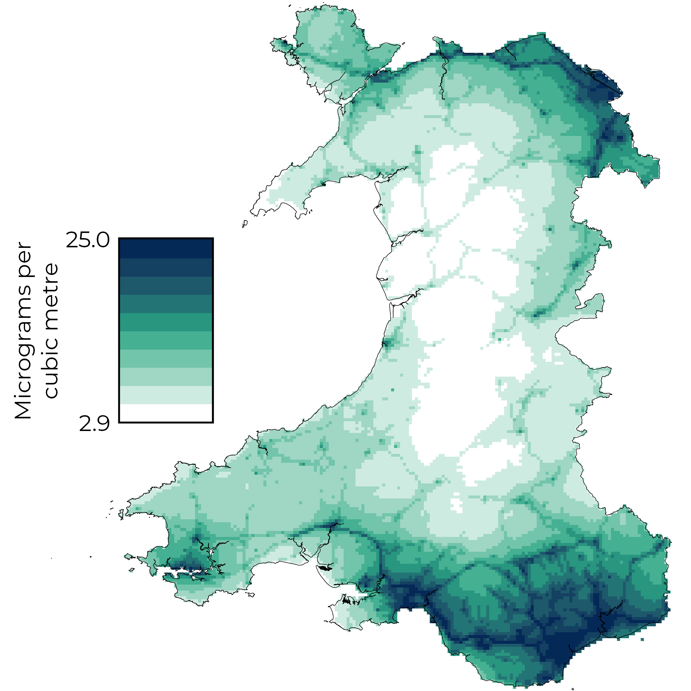 A map of Wales with colour scale showing the annual mean concentration of NO2 ranging from 2.9 to 25.0 micrograms per cubic metre. Similar to PM10 and PM2.5, the lowest concentrations are in mid and north-west Wales and the highest are in south-east and north-east Wales as well as in urban areas and along major roads. In contrast to PM10 and PM2.5, NO2 is much more localised and decreases to relatively much lower concentrations in rural areas.