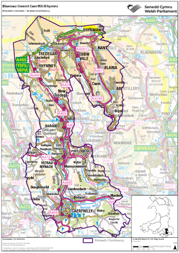 A map showing the Senedd constituency of Blaenau Gwent Caerffili Rhymni