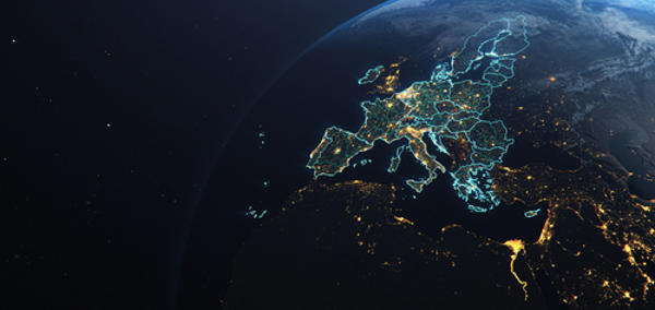 The main photo is a satellite image of EU Member State countries lit up at night. 
