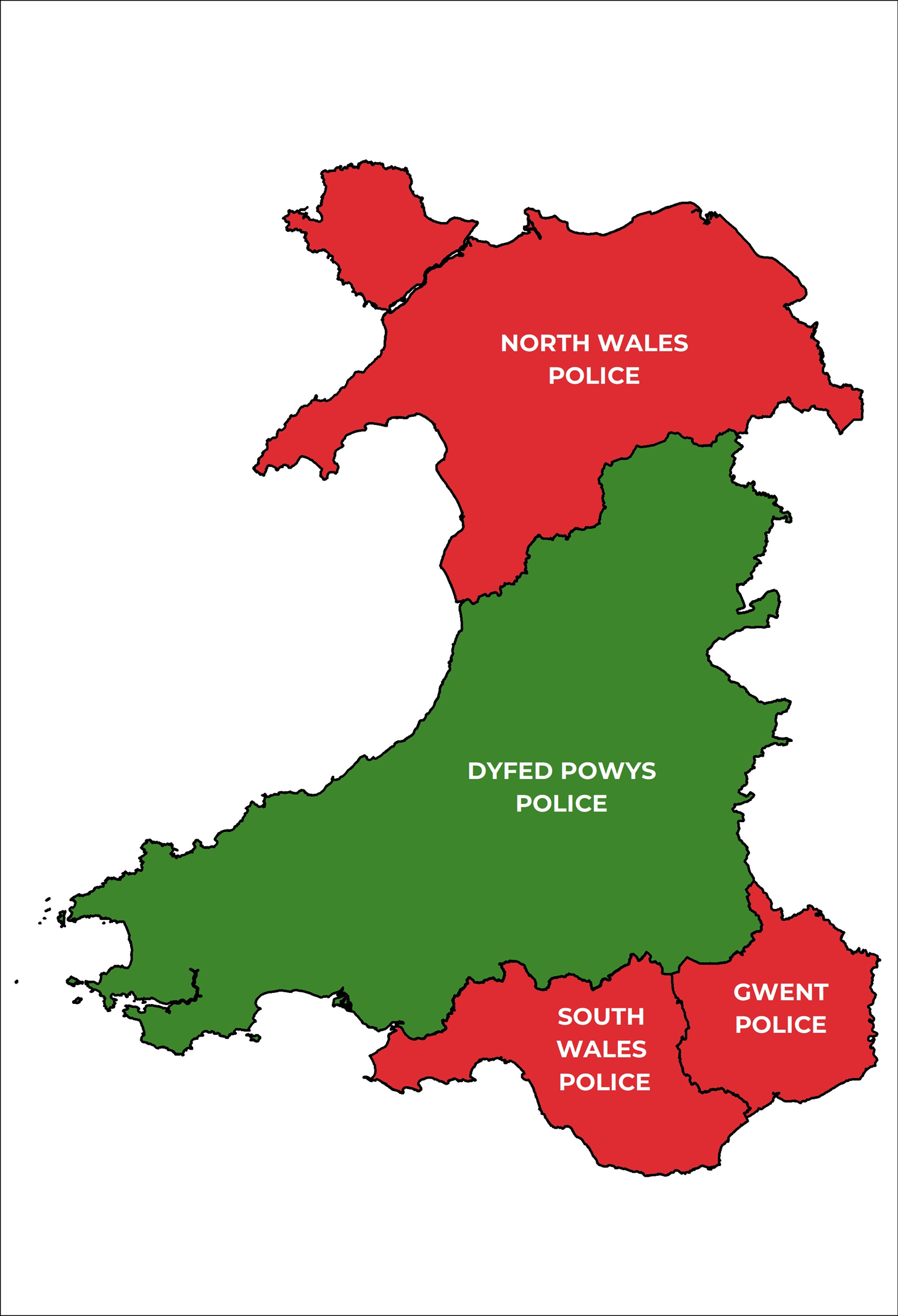 A map showing the four police areas of Wales. Dyfed Powys is coloured in green, whilst the three other areas are coloured in red.