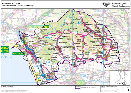 A map showing the Senedd constituency of Afan Ogwr Rhondda.
