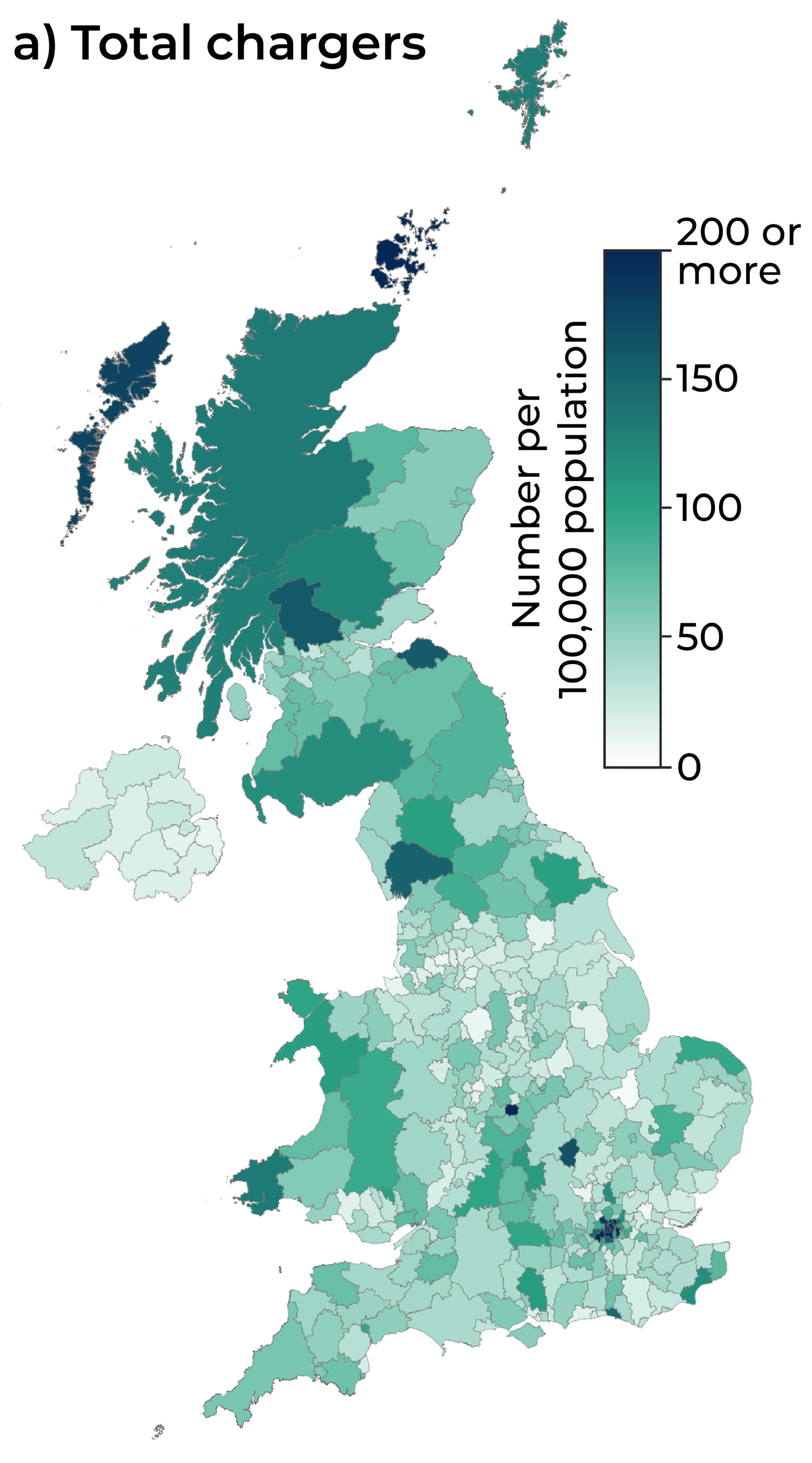 Map showing the number of EV chargers per 100,000 population across local authorities in the UK.  Wales has an overall charger density comparable to the rest of the UK.