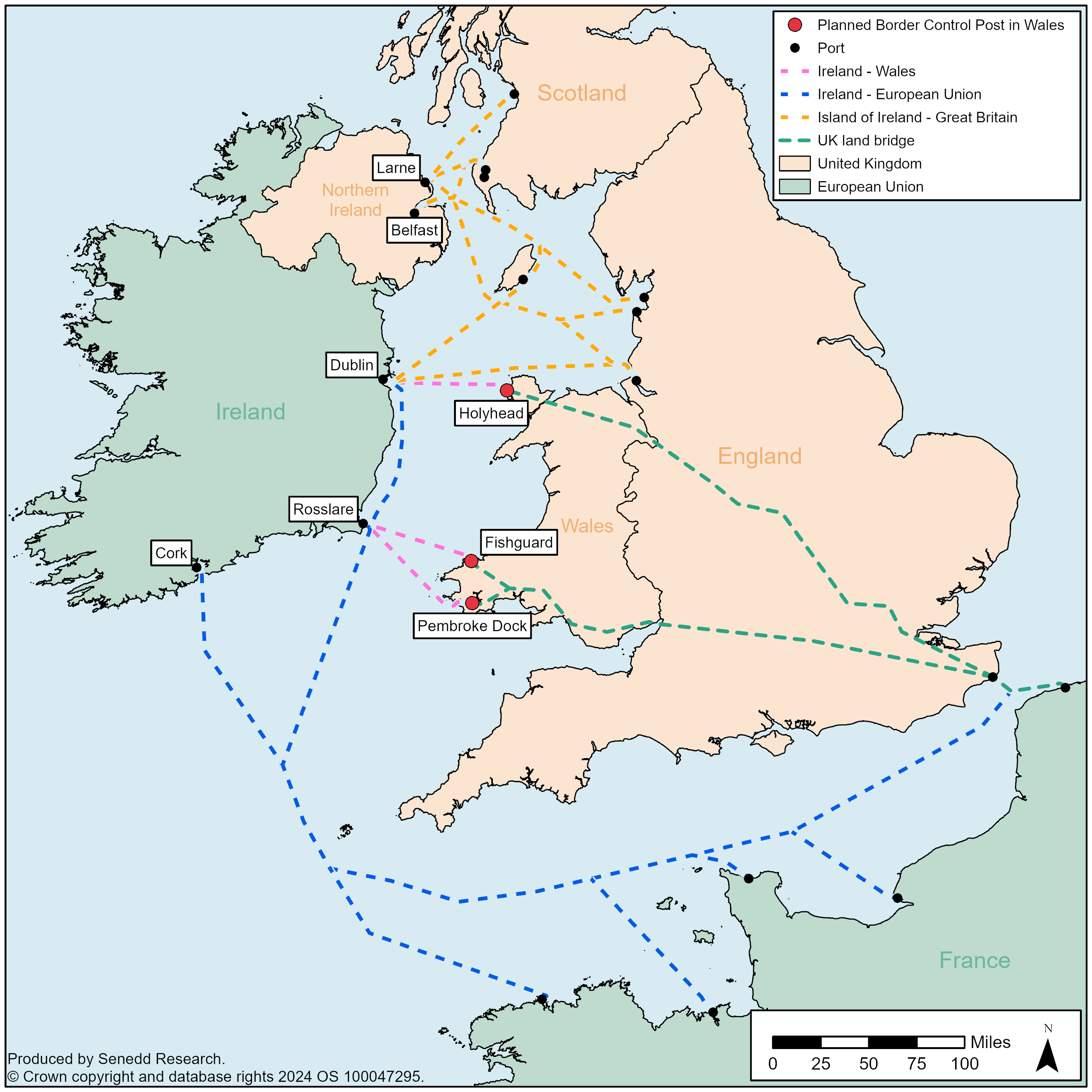 The map shows the island of Ireland, Great Britain and mainland Europe. Across the map are dotted lines showing trade routes between the three geographic areas, including Wales-Ireland shipping routes (between Dublin and Holyhead, Rosslare and Fishguard and Rosslare and Pembroke Dock).