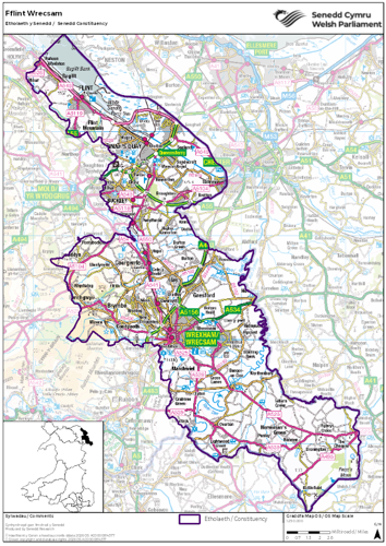 A map showing the Senedd constituency of Fflint Wrecsam.