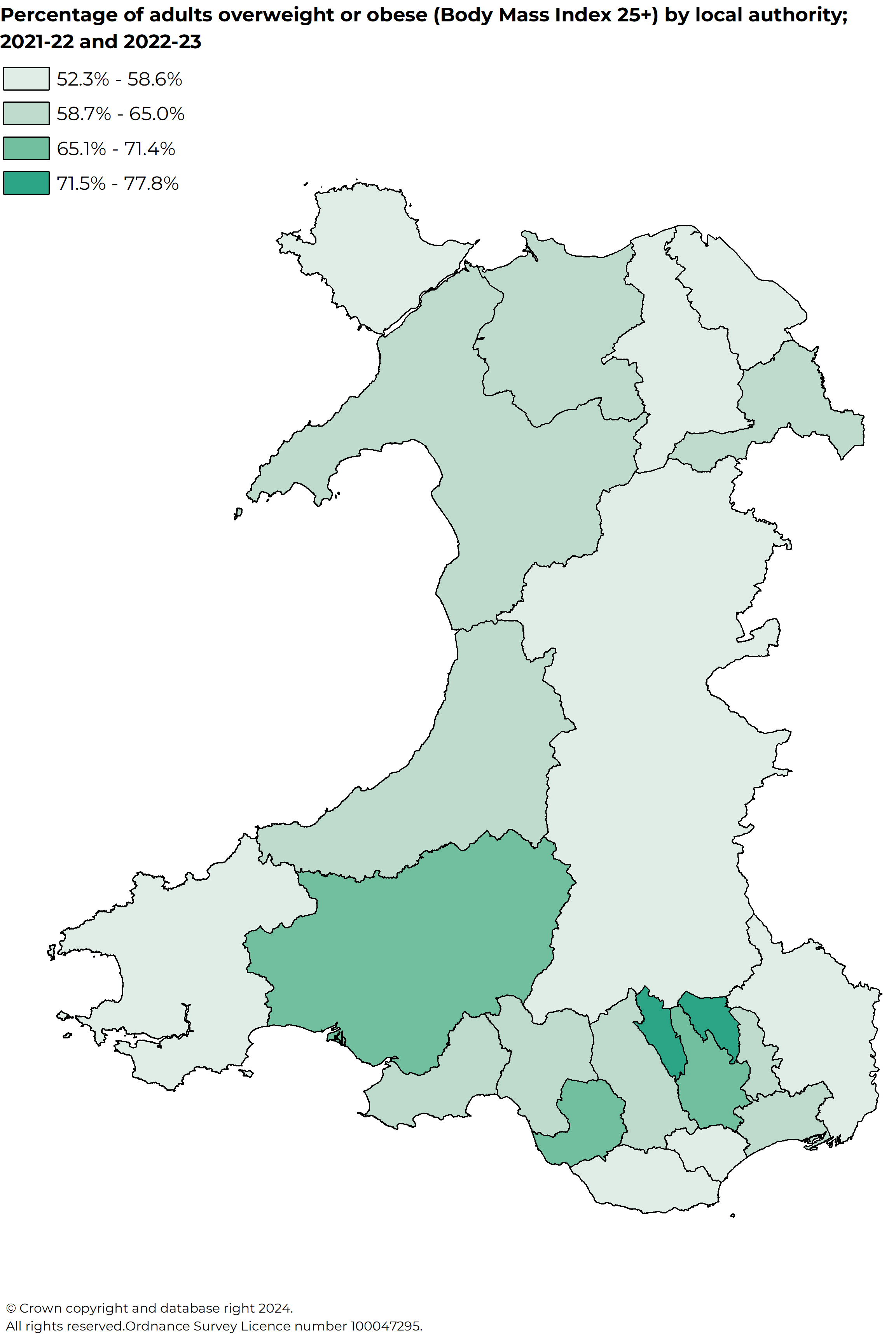 Map which indicates the rates of obesity in different local authority areas across Wales. The map shows that rates are lowest in areas such as Powys and Monmouthshire, and highest in Blaenau Gwent and Merthyr Tydfil, followed by Bridgend and Caerphilly.