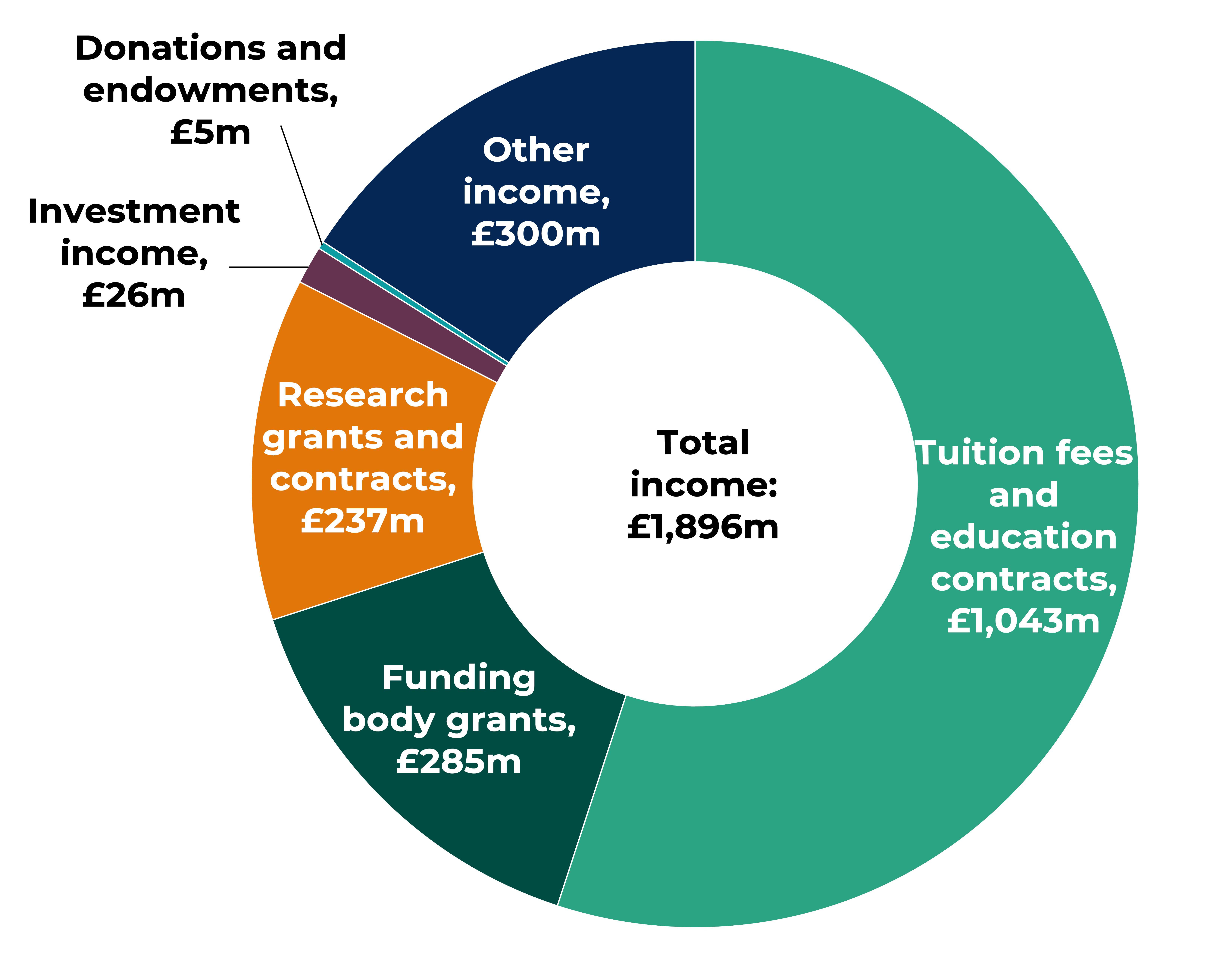 The largest segment is tuition fees and education contracts at £1,043m. Other segments include funding body grants (£285m), research grants and contracts (£237m), other income (£300m), investment income (£26m), and donations and endowments (£5m). Total income is £1,896m.
