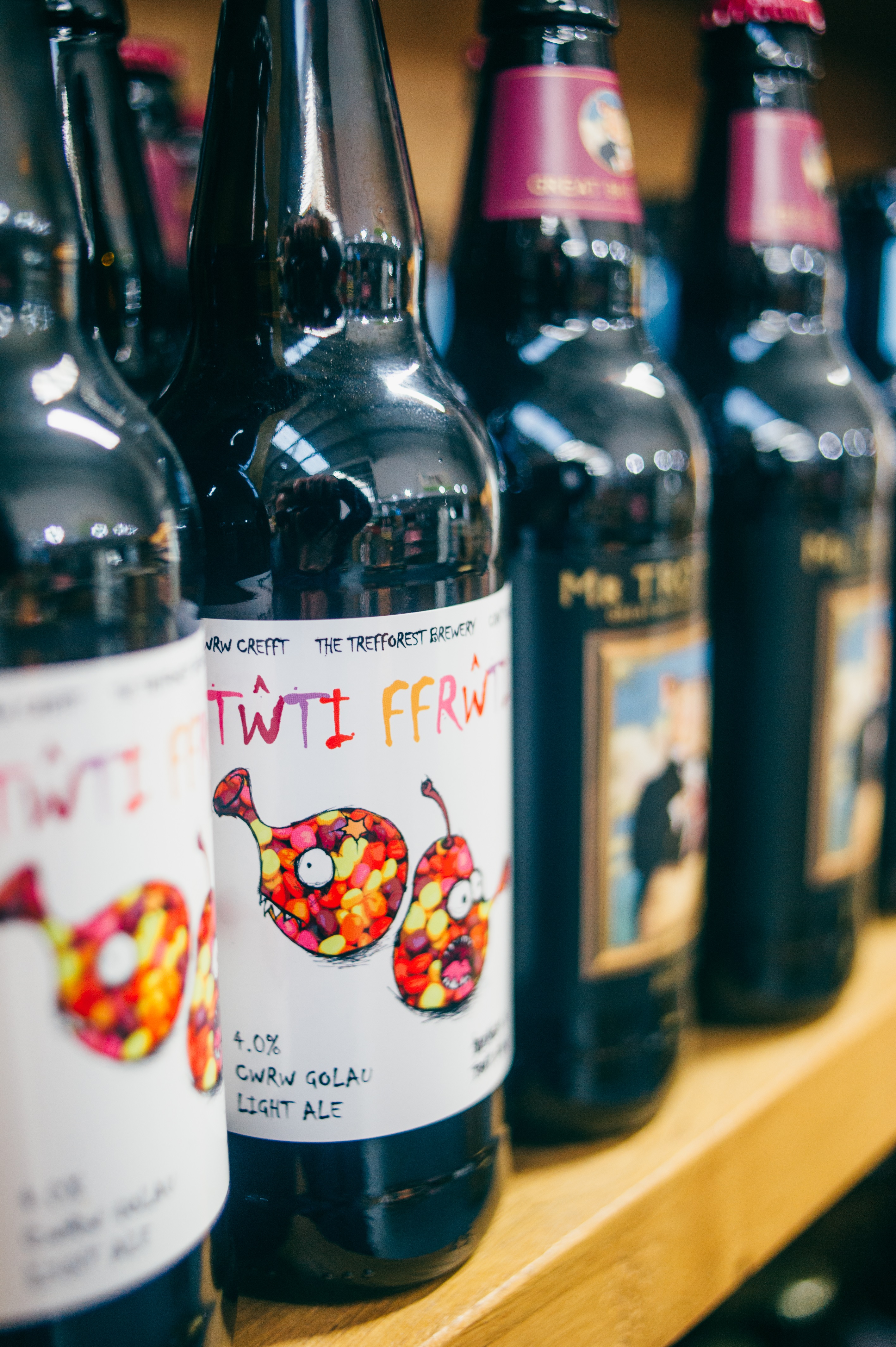Beer bottles on a shelf