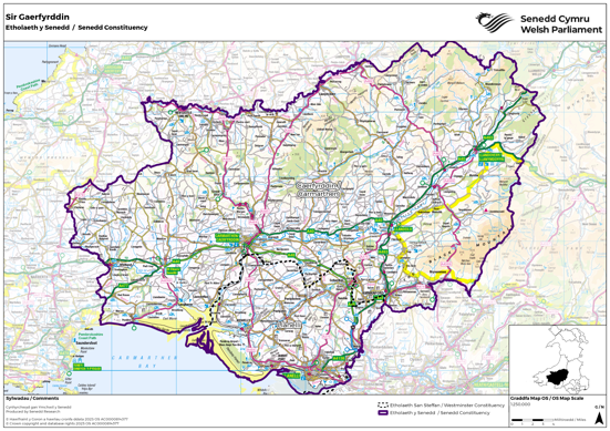 A map showing the new Senedd constituency of Sir Gaerfyrddin, a combination of the UK Parliament constituencies of Caerfyrddin and Llanelli.