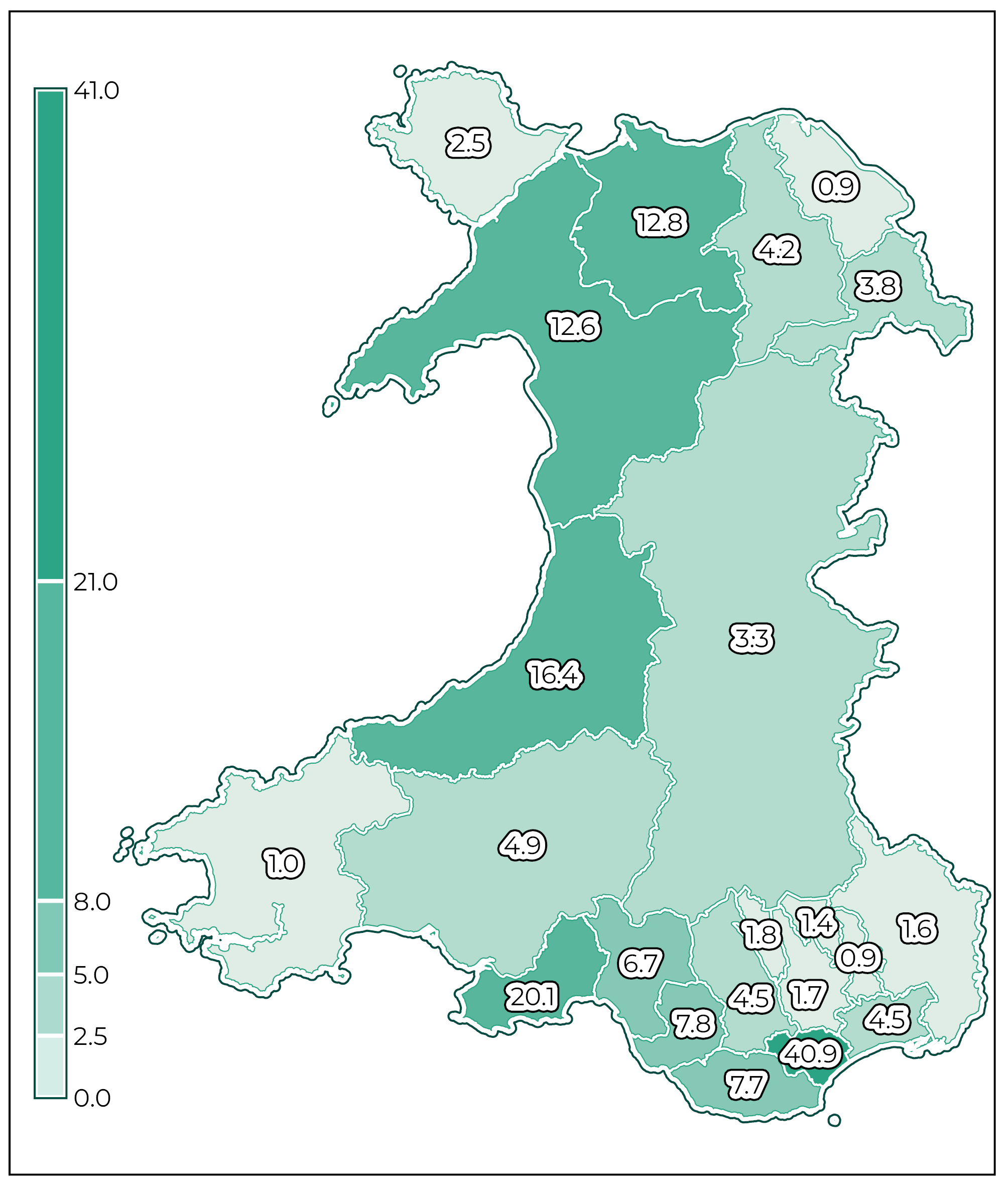 Figure 2: Map of Wales showing known HMOs per 1,000 dwellings by local authority.