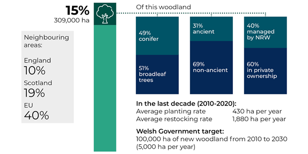 2.	Figure of key statistics on the Welsh woodland area: 15% or 309,000 hectares of Wales is covered by woodland (49% conifer, 51% broadleaf; 31% ancient; 40% managed by NRW). The average planting rate for the last decade was 430 hectares per year, against a Welsh Government target of 5,000.
