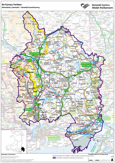 A map showing the new Senedd constituency of Sir Fynwy Torfaen, a combination of the UK Parliament constituencies of Monmouthshire and Torfaen.