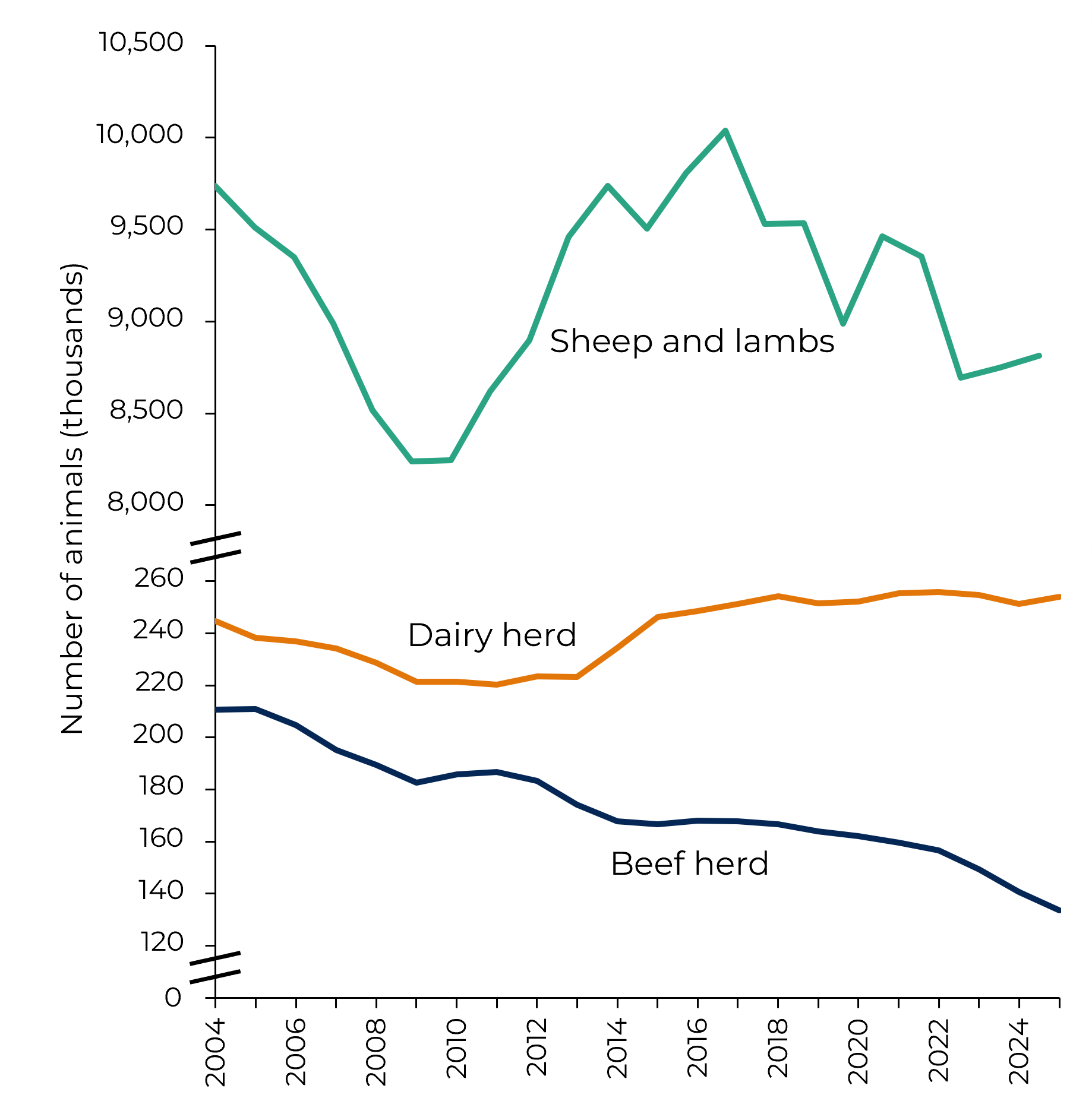This is a line graph showing the change in numbers of selected livestock types in Wales between 2004-2025. Sheep and lamb numbers decline between 2004 and 2009 before increasing to around 10 Million in 2017. Thereafter there is a decline to 2025. The size of the beef heard declines steadily between 2004 and 2025, whereas the dairy heard sees a slight increase over the same time period.