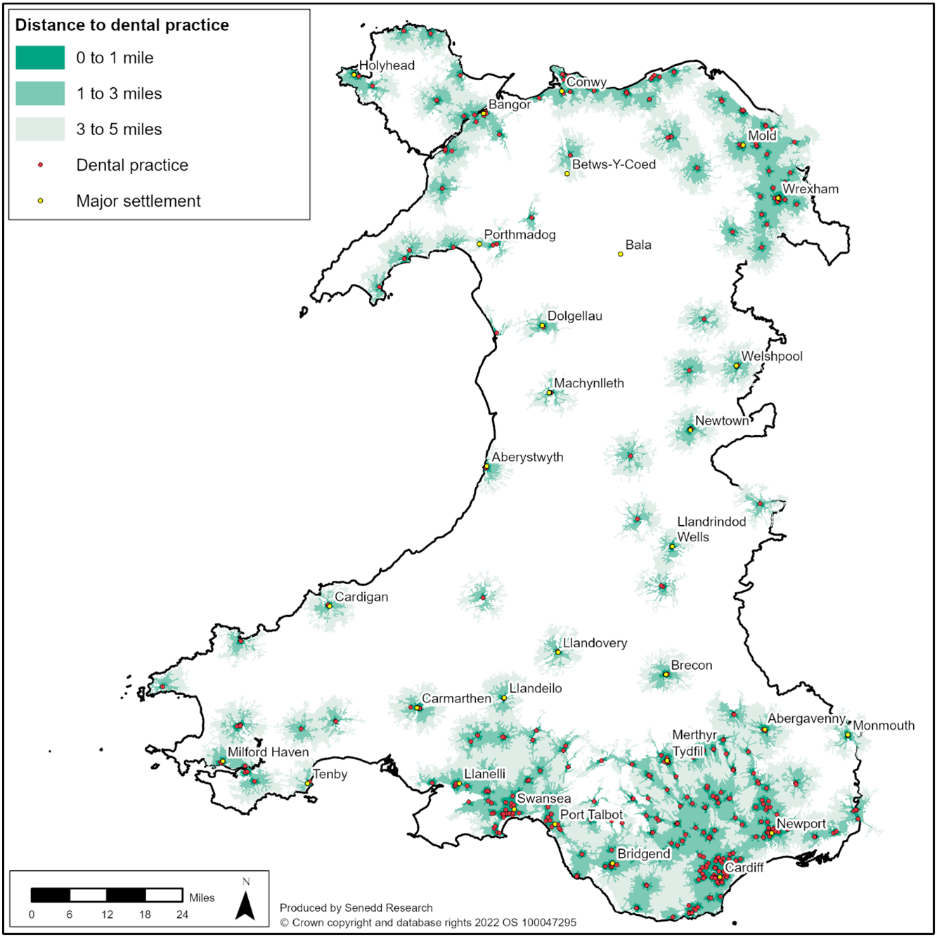 Map shows the location of NHS dental practices in Wales and highlights the area within certain travel distances of them. There is a greater concentration of dental practices in South Wales and along the North Wales coast. Dental practices are sparsely distributed in mid-Wales.