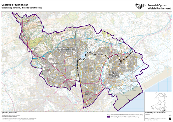 A map showing the new Senedd constituency of Caerdydd Ffynnon Taf, a combination of the UK Parliament constituencies of Cardiff North and Cardiff East.